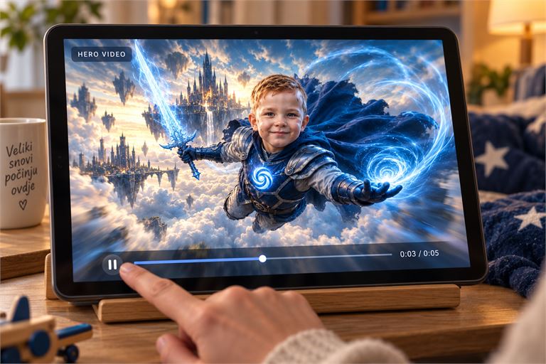 Tablet na stolu s videom heroja Vanguarda koji leti iznad oblaka, traka napretka 0:03 / 0:05