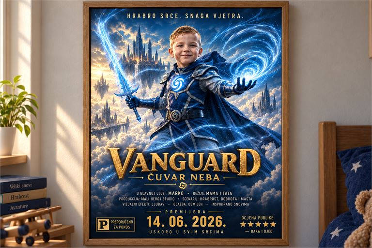 Uokvireni filmski poster „Vanguard — čuvar neba” na zidu dječje sobe