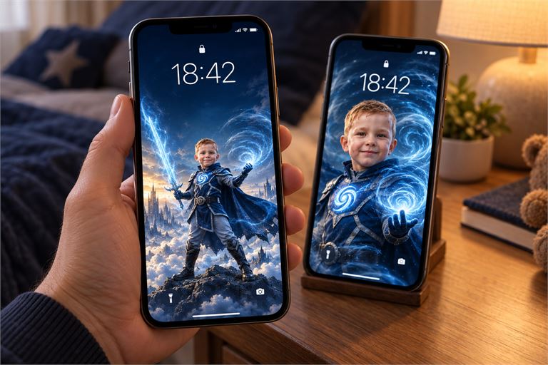Dva mobitela sa zaključanim zaslonom na kojem je heroj